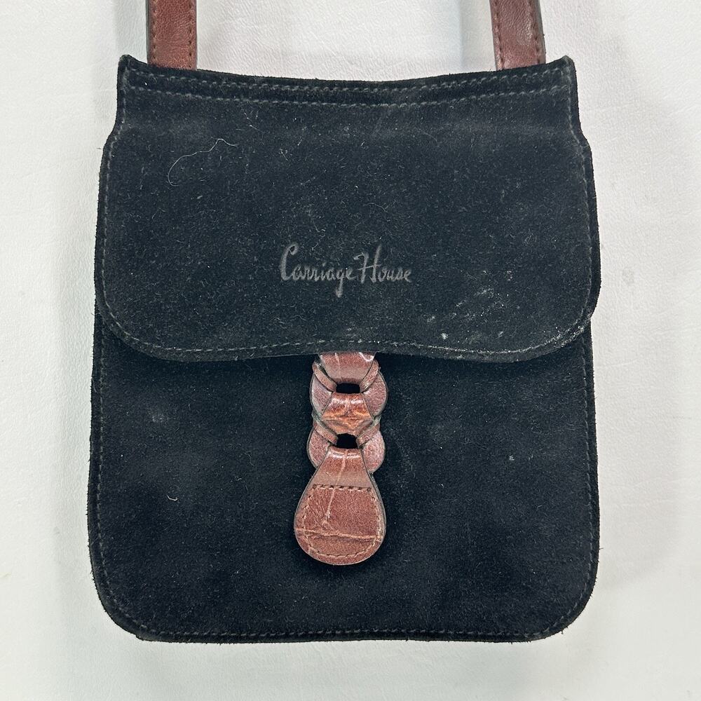 Vtg 80s Carriage House Crossbody Handbag S Black Suede Brown Faux Leather